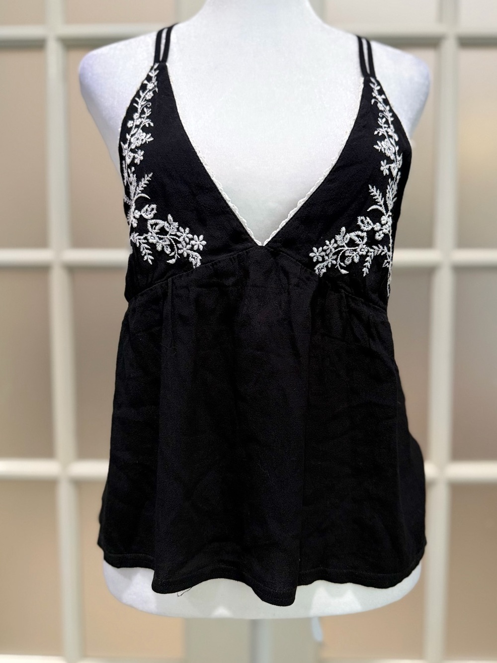 Forever 21 Black V-Neck Tank Top with White Floral Embroidery